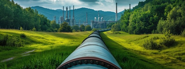 Old oil or gas transportation pipe throught the green grassy field to the power plant - obrazy, fototapety, plakaty