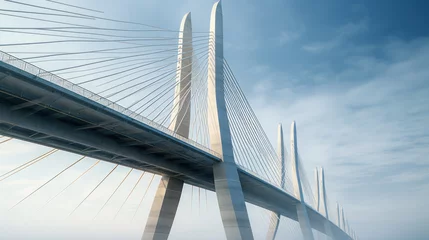 Kussenhoes Support element of a high cable-stayed bridge with steel pylons. Backlight. Clear blue sky. © PaulShlykov
