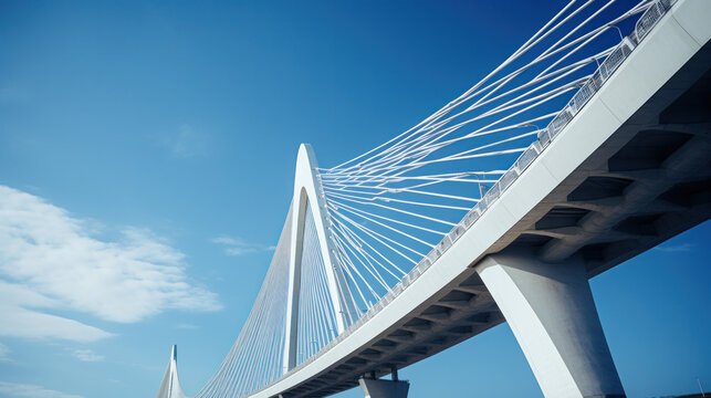 Support element of a high cable-stayed bridge with steel pylons. Backlight. Clear blue sky.
