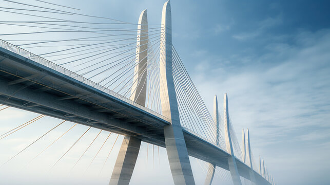 Fototapeta Support element of a high cable-stayed bridge with steel pylons. Backlight. Clear blue sky.
