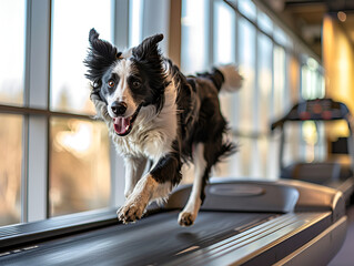 Energetic dog sprinting on a treadmill, showcasing pet fitness and active health. Ideal for marketing sports and fitness products for pets, veterinary health services - obrazy, fototapety, plakaty