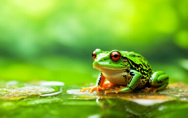 Obraz premium Green frog red eyed on leaf with free space and blur background. frog, animal, green. ai generated