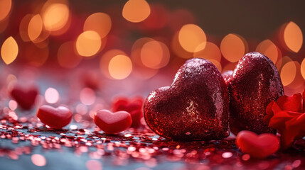 Romantic sparkling red hearts on a glittering background, conveying love, affection, Valentine's Day celebration, and intimate, heartfelt moments