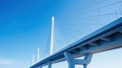 Support element of a high cable-stayed bridge with steel pylons. Backlight. Clear blue sky.