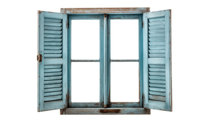 wooden window with blue shutters. Aged wooden window with open shutters. Worn window frame. Wooden window frame with shutters. Old farmhouse or wood cabin window isolated. Transparent Background PNG