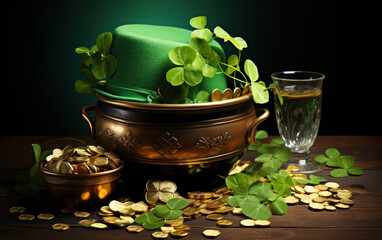 St Patrick's Day celebration still life with a vibrant green leprechaun hat, pot of gold, shamrocks, and golden coins, symbolizing luck and Irish tradition