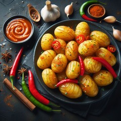 Canarian potatoes papas arrugadas with mojo, hot sauce. Black background. Top view