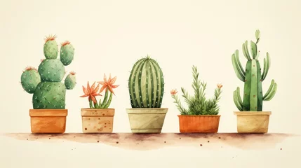Schilderijen op glas A watercolor style, minimal cartoon illustration of different cactuses, green, craft paper. © Phoophinyo