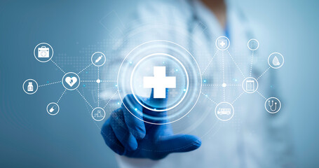 Health care and medical technology services concept. Medical worker using data virtual with health...