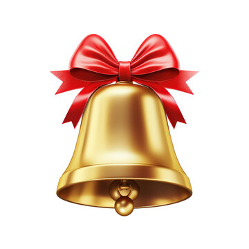 golden bell with red ribbon