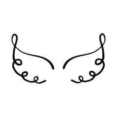 Doodle wings. Cartoon bird feather wings, religious angel wings ink sketch, black tattoo silhouette. Vector hand drawn blade wing sketch set for heraldic symbol emblem on white background