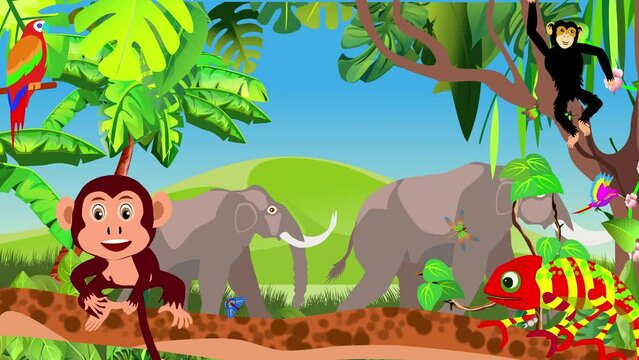 2 elephants animation, monkey and chameleon cartoon in green jungle plants  background