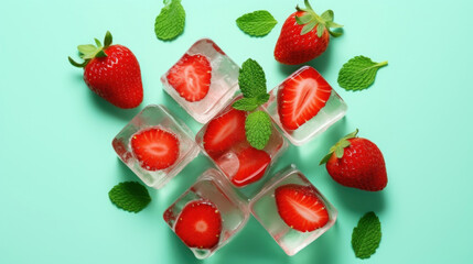 Vivid strawberries suspended in ice cubes with fresh mint leaves, a creative presentation of summer refreshments.
