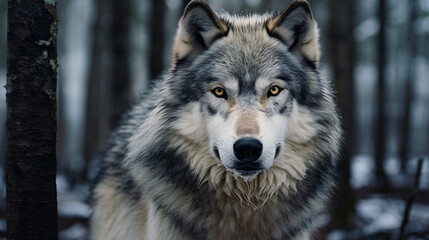 The wolf has a gray and white coat