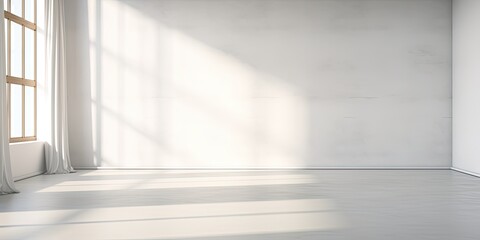 Fototapeta premium Empty studio room with white abstract background and window shadows, displaying product against blurred backdrop.