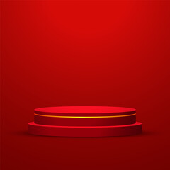Vector abstract studio room with geometric platform. Red realistic 3D cylinder pedestal podium with glowing light semi circle backdrop. Red minimal wall scene for products showcase, Promotion display.