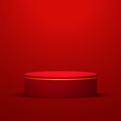 Vector abstract studio room with geometric platform. Red realistic 3D cylinder pedestal podium with glowing light semi circle backdrop. Red minimal wall scene for products showcase, Promotion display.