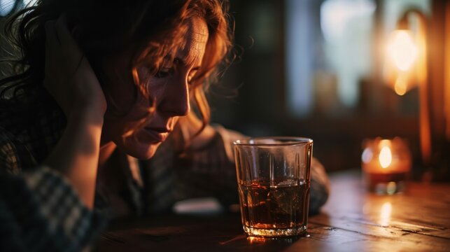 A depressed country woman is addicted to whiskey alone at home.