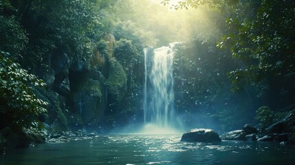 Panoramic beautiful deep forest waterfall 