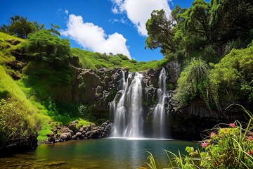 A majestic waterfall cascading into a crystal-clear pool, surrounded by lush greenery and vibrant wildflowers under a bright blue sky