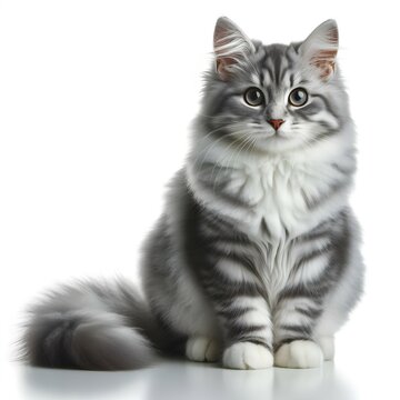 Captivating studio shots featuring a charming gray and white striped cat posed elegantly against a pristine white backdrop, perfect for diverse creative projects. 