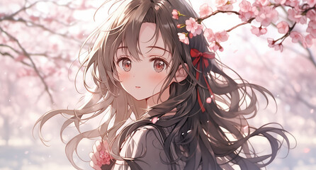 満開の桜と女子生徒卒業・入学シーズンイメージ