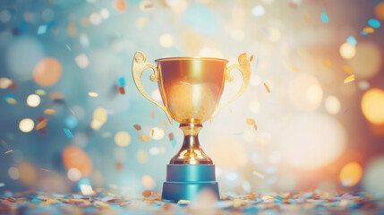 A golden trophy cup with a blue ribbon on a glowing background, representing achievement and recognition in a celebratory atmosphere. - obrazy, fototapety, plakaty
