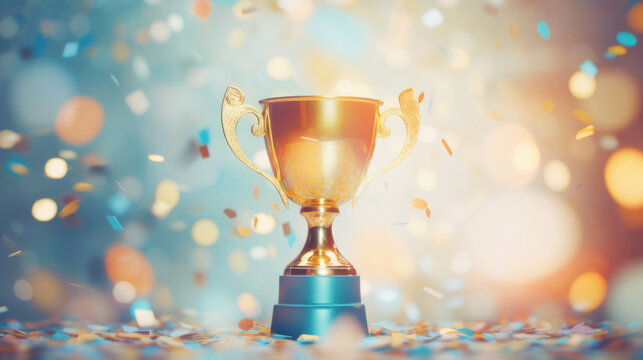 A golden trophy cup with a blue ribbon on a glowing background, representing achievement and recognition in a celebratory atmosphere.