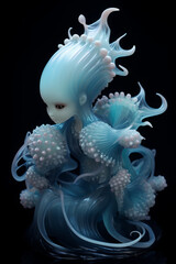 Blue and White Marble Octopus Figurine Kid on a Black Background
