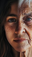 A face, half young girl and half elderly , aging concept
