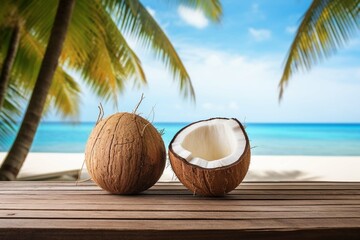 Coconuts on wooden table on tropical beach background with copy space 