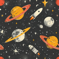 Naklejka premium Cartoon seamles pattern space galaxy rocket s illustration in playful style Generative AI