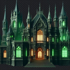 Fototapeta na wymiar Green castle with arched windows, spires and towers. Stone steps lead up to the grand entrance. The background is transparent for different compositions.Generative AI