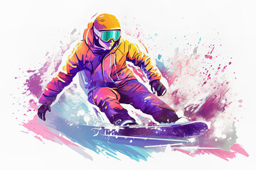 Fototapeta na wymiar Dynamic snowboarder in action, vibrant watercolor illustration