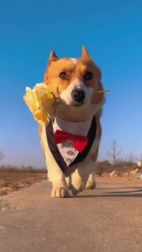 A beautiful dog holds a red rose in his mouth on a light blue background. Golden dog happy for valentine's day.