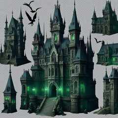 a castle with Gothic elements, lit by green and orange lights. many towers and spires, windows and balconies. The main entrance of the castle is highlighted by a large arched door.Generative AI