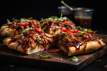 BBQ Pulled Pork pizza, hot cheese, rustic background, close up