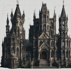 Fototapeta na wymiar majestic and intricately designed gothic cathedral, with its towering spires, detailed carvings, and grand stairway entrance evoking a sense of awe and mystery. The dark tones. Generative AI