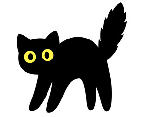 Cartoon cute black cat silhouette. Scared kitten with arched back and big eyes. Simple icon, isolated vector clip art illustration.
