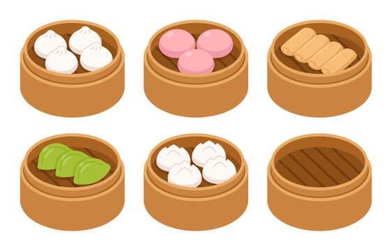 Dim sum, traditional Chinese dumplings, in bamboo steamer baskets. Spring rolls, potstickers, bao buns. Asian food vector illustration, cartoon drawing set.