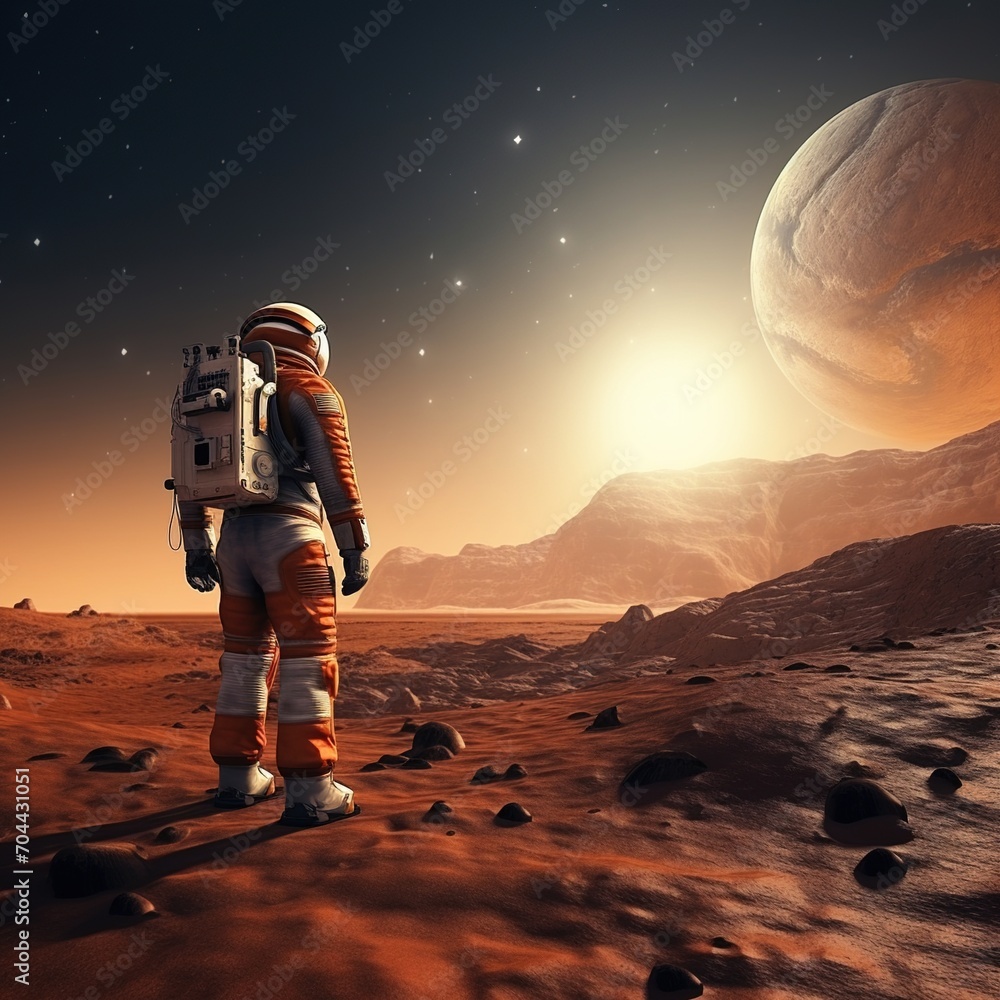 Poster astronaut in a spacesuit standing on the surface of mars