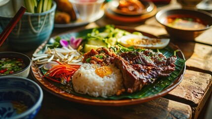 Fototapeta na wymiar Vietnamese food, Asian food, beef and vegetable fried rice