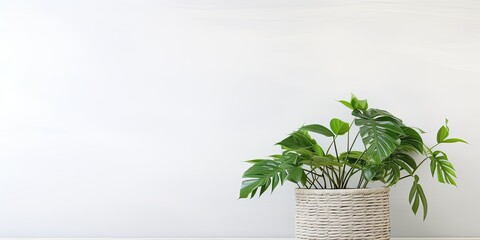Philodendron xanadu tree on table, white wall background. Exotic plant with green leaves in rattan basket. Copy space for product design backdrop.