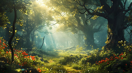 Fototapeta na wymiar sun shining through a tranquil and peaceful jungle 