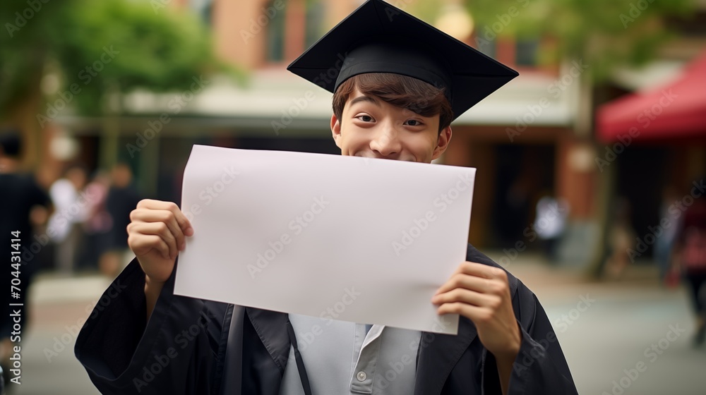 Canvas Prints Cheerful asian graduate student in graduate cap holding a blank paper sheet in front of him for college or university graduation banner, poster, placard or broadsheet