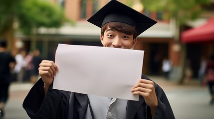 Cheerful asian graduate student in graduate cap holding a blank paper sheet in front of him for college or university graduation banner, poster, placard or broadsheet