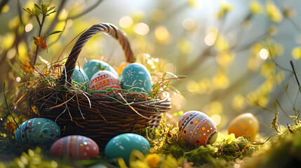 Fototapeta na wymiar Colorful easter eggs in a basket over a flowerfield and sun rays.