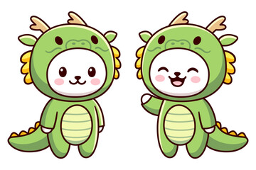 Kawaii cat character in green dragon costume. Chinese New Year animal. Cute cartoon vector clip art illustration.