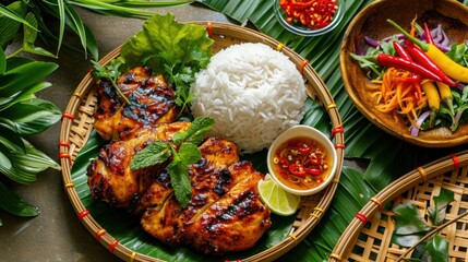 Thai BBQ grilled chicken and sticky rice served with chili sauce and a view of traditional Vietnamese vegetables.