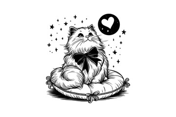 valentine's day a cat saw on moon, valentine's Day Special line art illustration